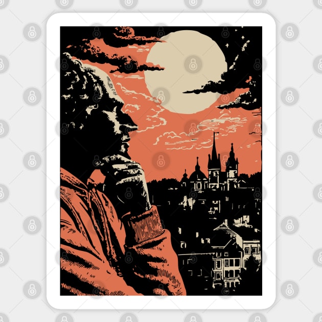 The Philosopher's Gaze Over the City - Vintage Art of Reflection Sticker by TuncGK